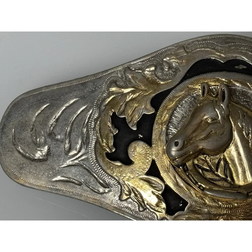 Western Horse Head Horseshoe Belt Buckle Silver Gold Tone Black Enamel Large